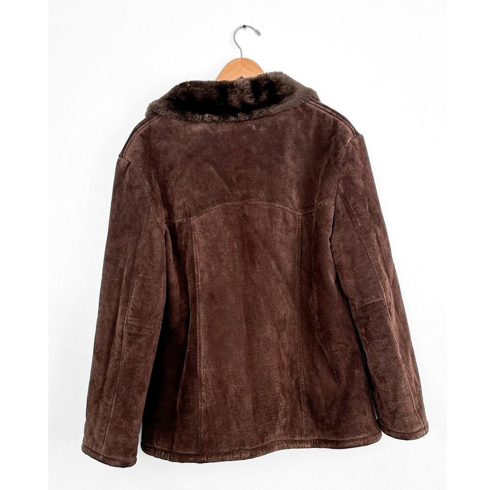 Vintage 90s 00s Guess Chocolate Brown Suede Leather Faux Fur Winter Coat large - Picture 2 of 7